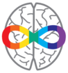 a line drawing of a brain with a rainbow coloured infinity symbol overlaid